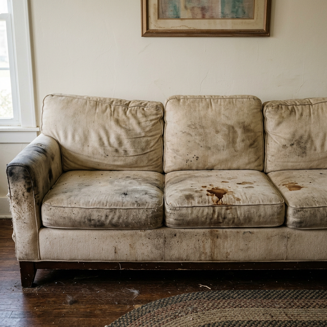 Sofá antes da limpeza - sujo e manchado